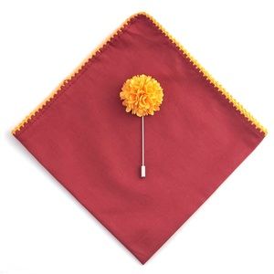 Persian Red w/ Yellow Crocheted Pocket Square & Lapel Flower Set